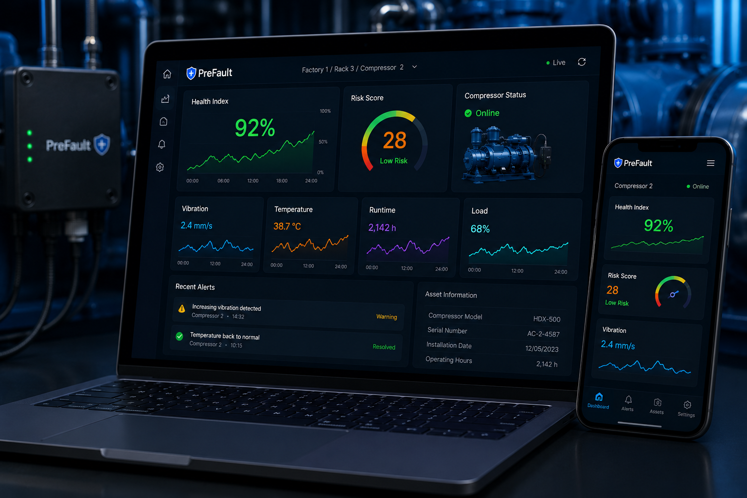 PreFault dashboard mockup on laptop and smartphone