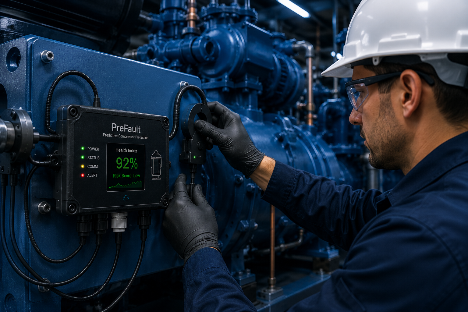 Technician installing PreFault sensor on compressor